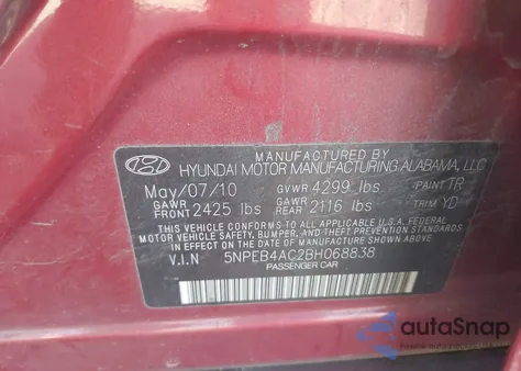 2011 Hyundai Sonata Gls from USA, damaged, VIN 5NPEB4AC2BH068838